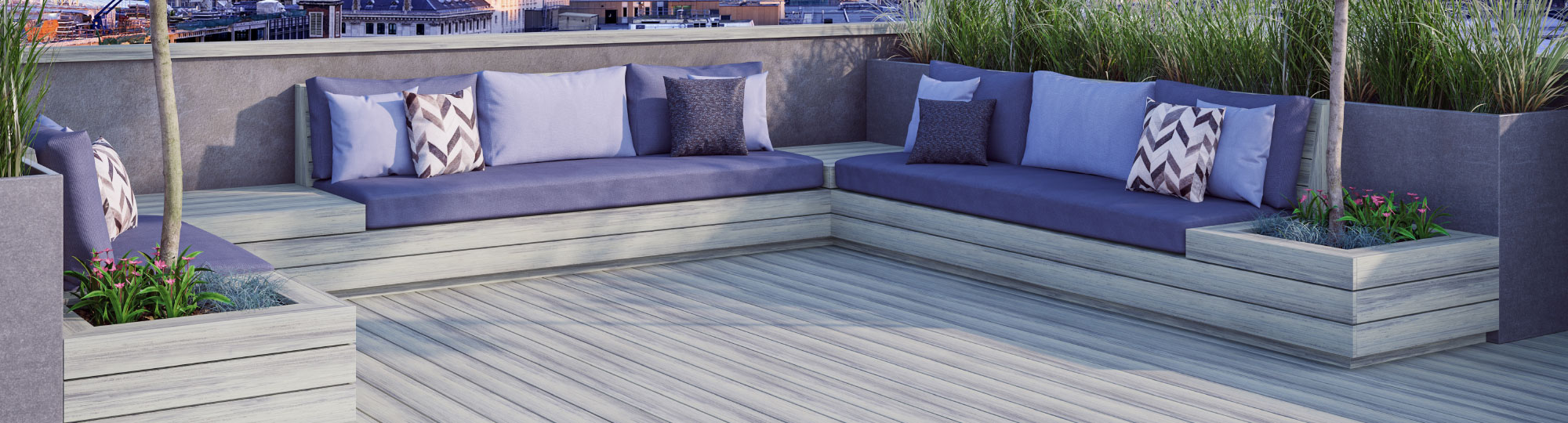 An outdoor living space with grey Voyage decking