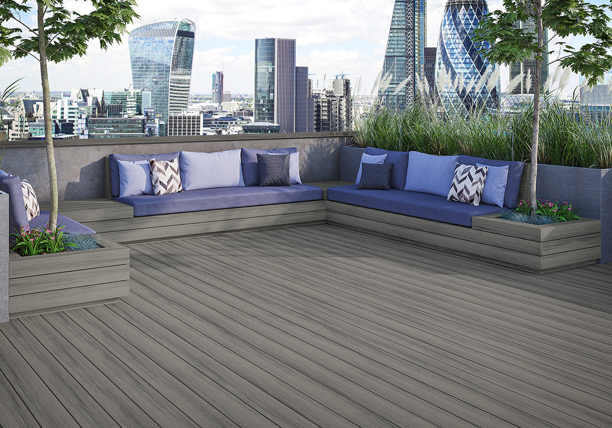 Voyage composite decking boards on a rooftop